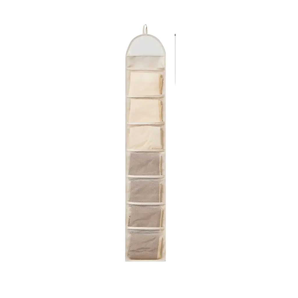 Beige hanging closet organizer made of fabric with seven clear mesh front pockets for efficient storage and organization