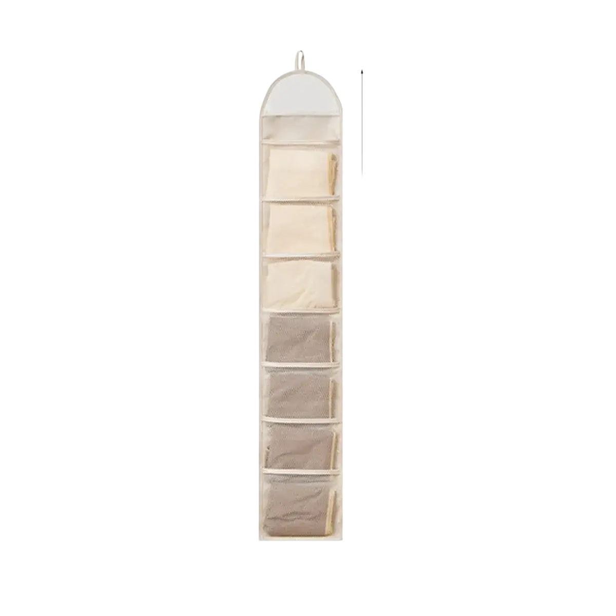 Beige hanging closet organizer made of fabric with seven clear mesh front pockets for efficient storage and organization