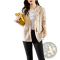 Beige hooded cropped jacket with front zipper two flap pockets and drawstring hood for casual wear
