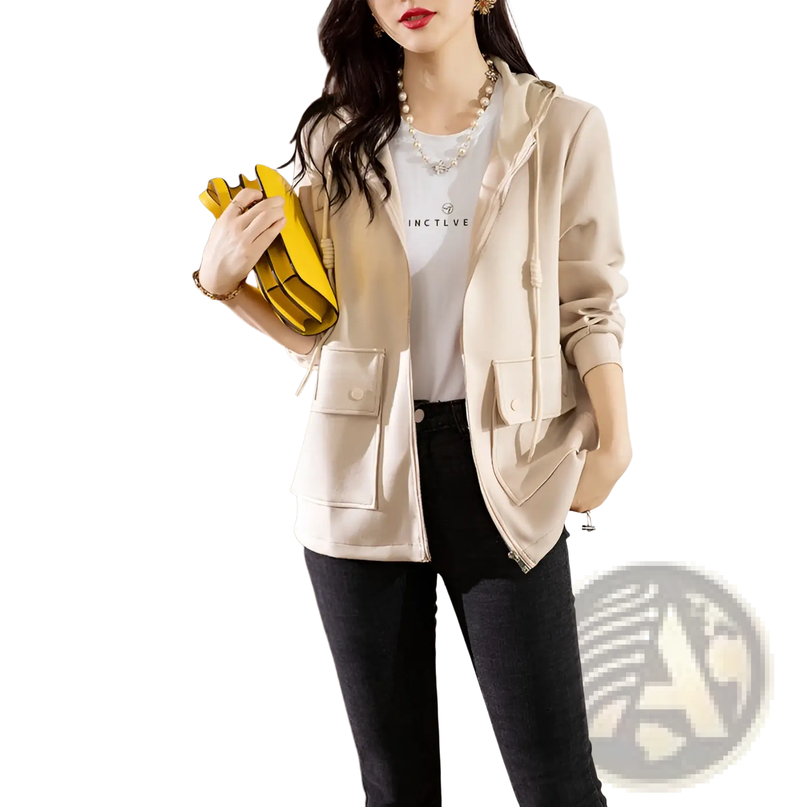 Beige hooded cropped jacket with front zipper two flap pockets and drawstring hood for casual wear