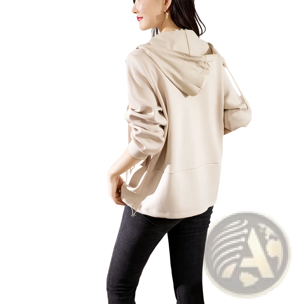Beige hooded cropped jacket in relaxed fit with long sleeves made from soft material for casual wear