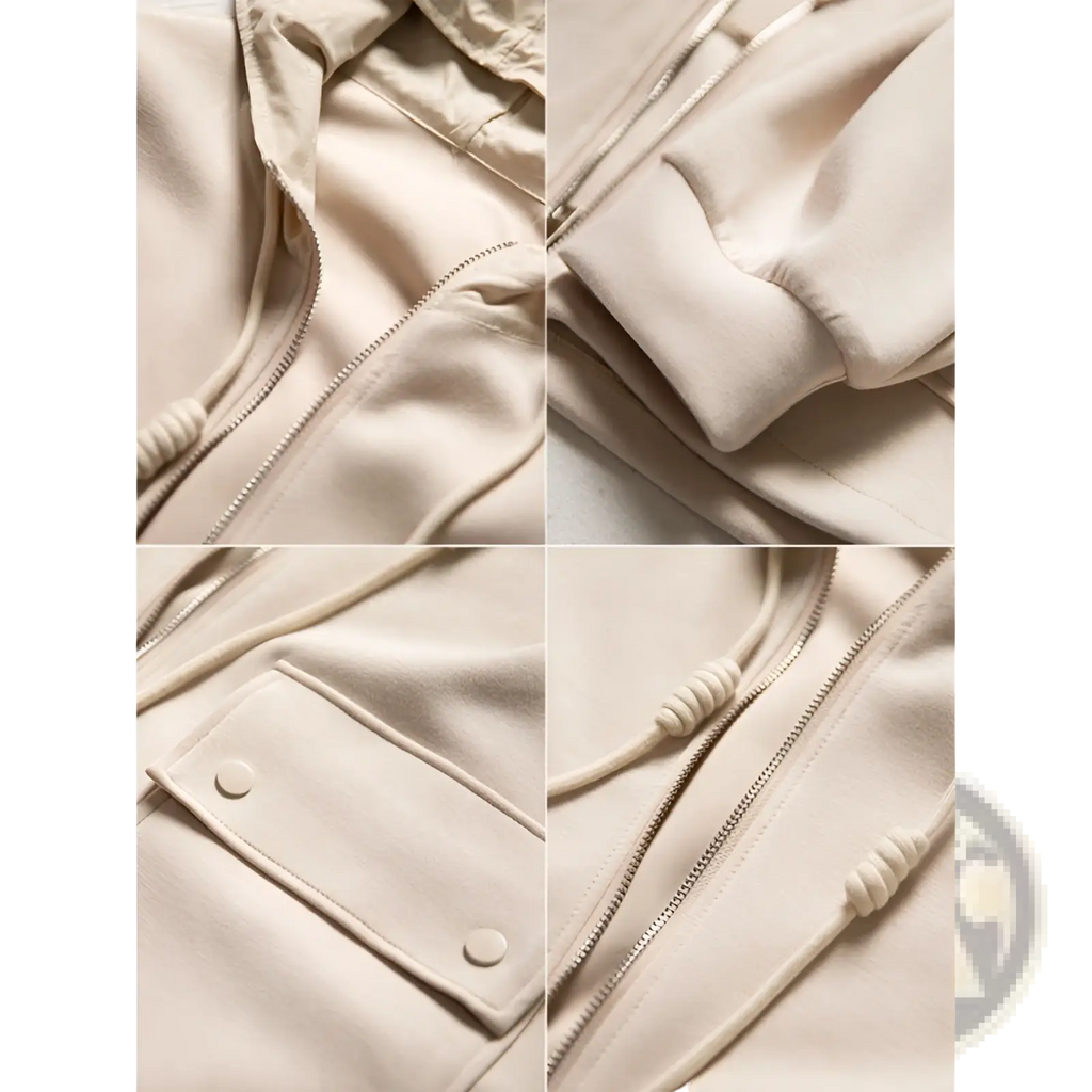 Beige hooded cropped jacket zip-up hoodie with ribbed cuffs and front pocket secured by two buttons