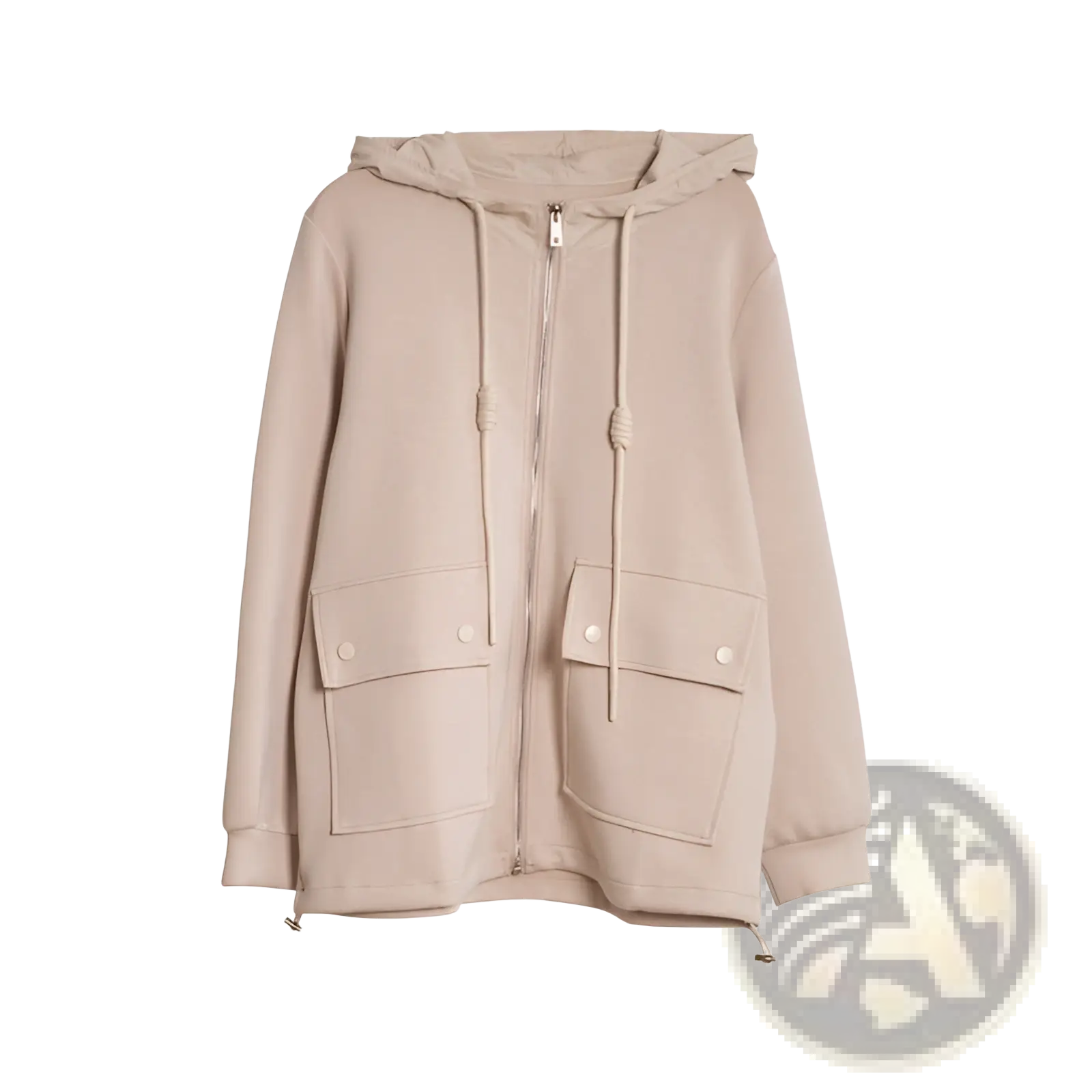 Beige hooded cropped jacket with zip-up front, drawstring ties, and button-secured front pockets