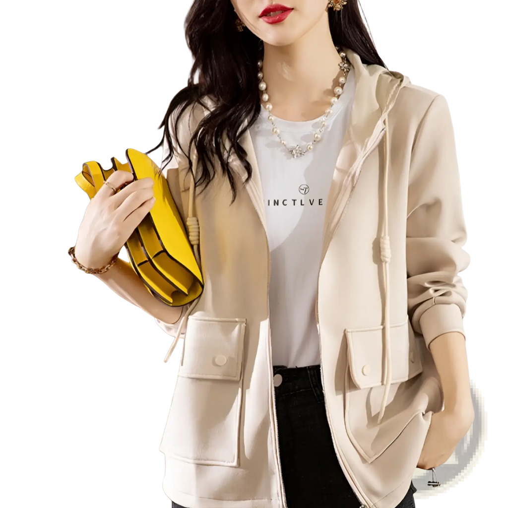 Beige hooded cropped jacket with front zipper two patch pockets and drawstring hem in soft fabric