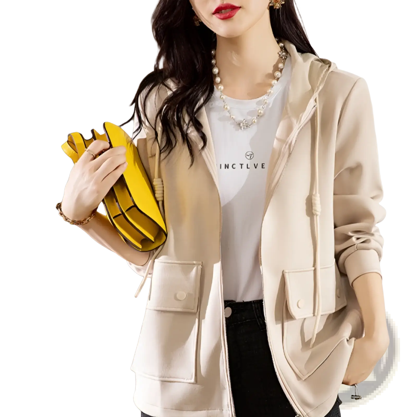 Beige hooded cropped jacket with front zipper two patch pockets and drawstring hem in soft fabric