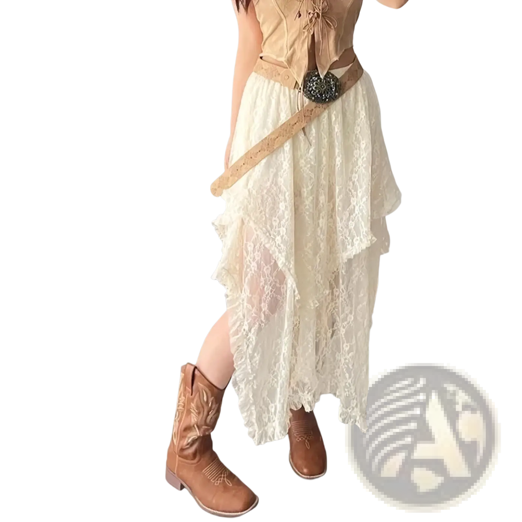 Beige lace asymmetrical midi skirt with layered hemline and delicate floral embroidery suitable for elegant occasions