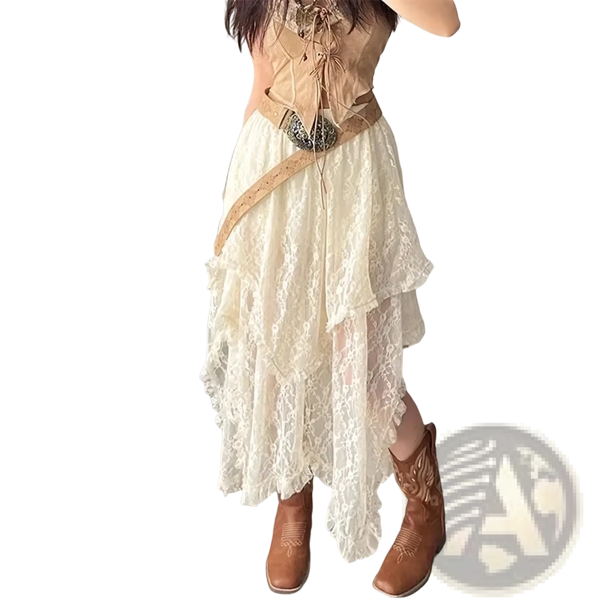 Beige lace asymmetrical midi skirt with layered ruffles paired with a matching corset top in a formal style