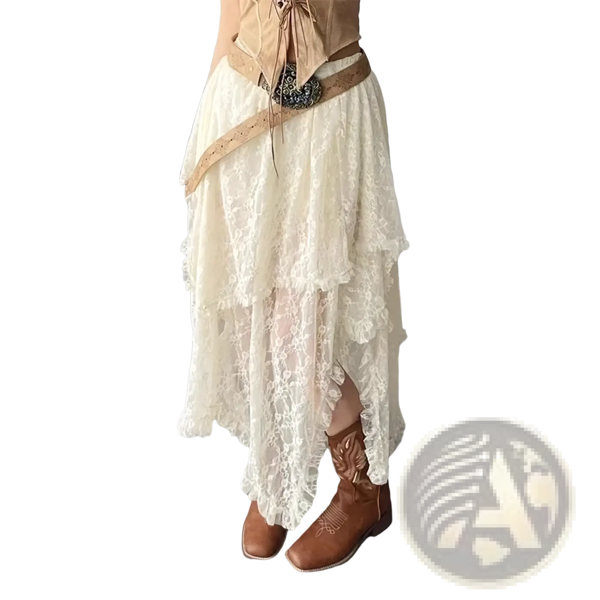 Beige lace asymmetrical midi skirt featuring flowing off-white layered ruffles and a high slit