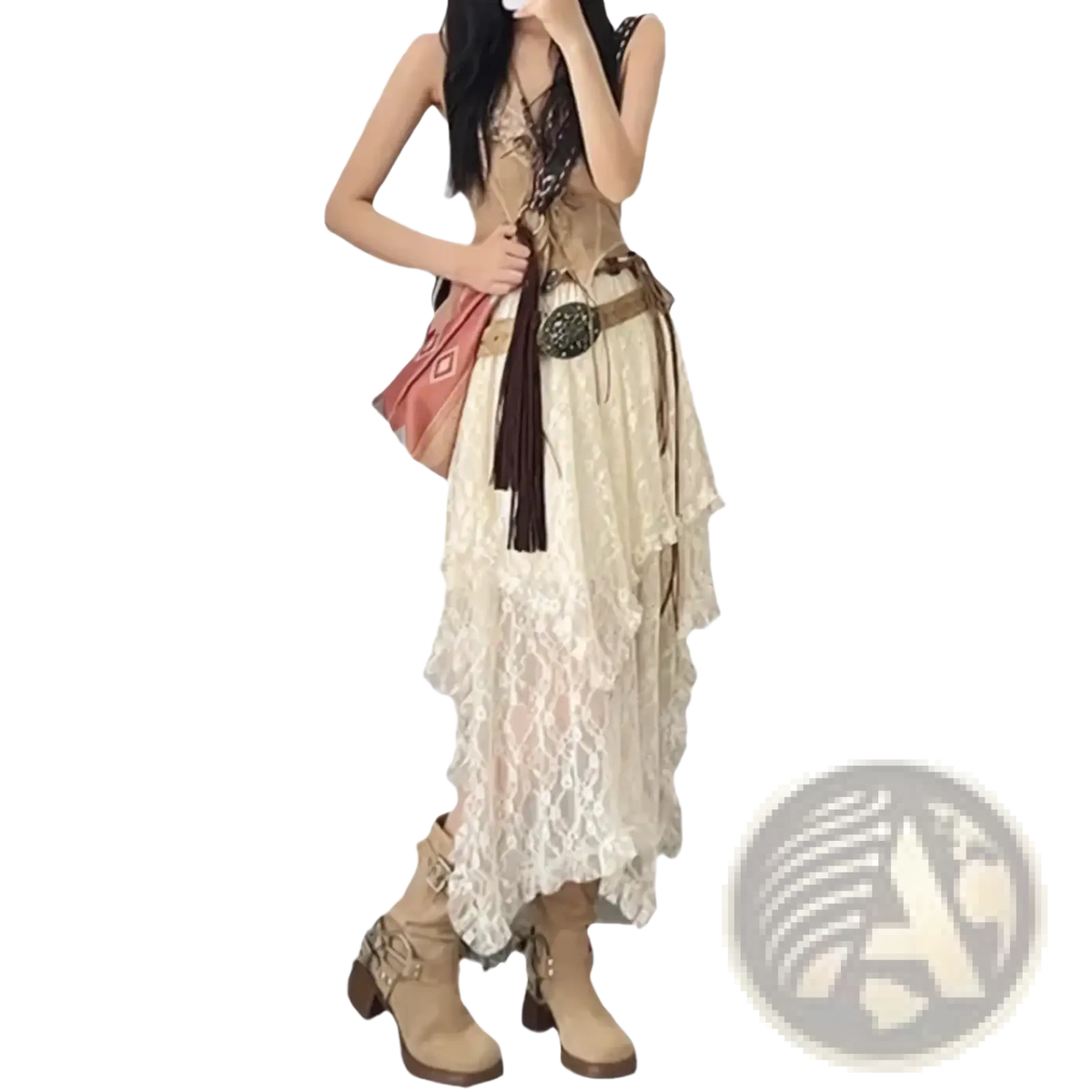 Beige lace asymmetrical midi skirt featuring a flowing off-white lace maxi dress with layered ruffles and fitted bodice