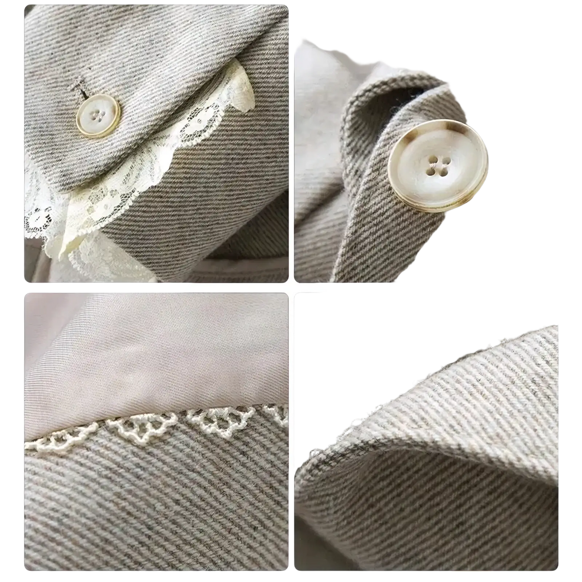 Beige lace trim wool blazer featuring delicate white lace trim and mother of pearl buttons on a denim jacket fabric