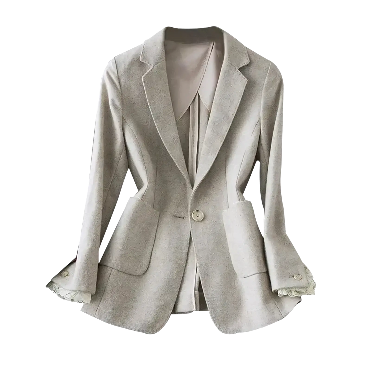 A beige wool blazer with lace trim at the cuffs featuring light gray textured fabric and flared sleeves