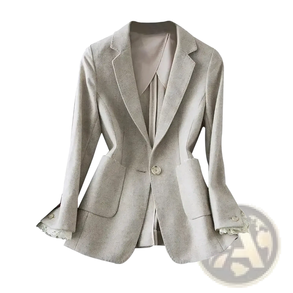 A beige wool blazer with lace trim at the cuffs featuring light gray textured fabric and flared sleeves
