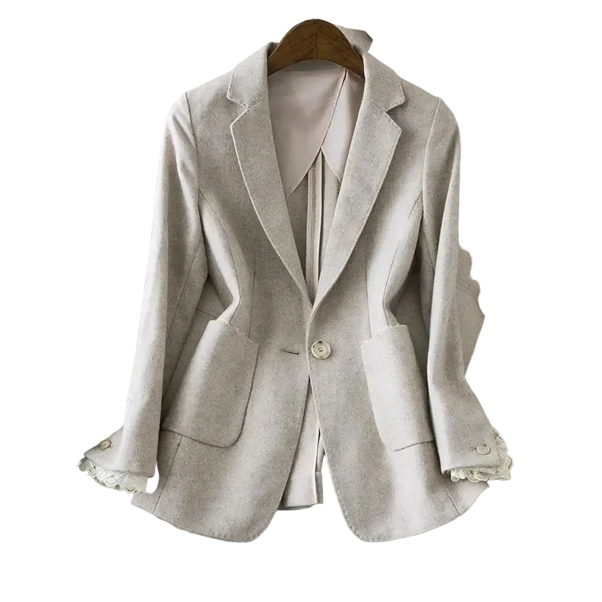 Beige lace trim wool blazer featuring textured fabric, lace cuff trim, and single button closure for elegant wear