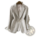 Beige lace trim wool blazer featuring textured fabric, lace cuff trim, and single button closure for elegant wear