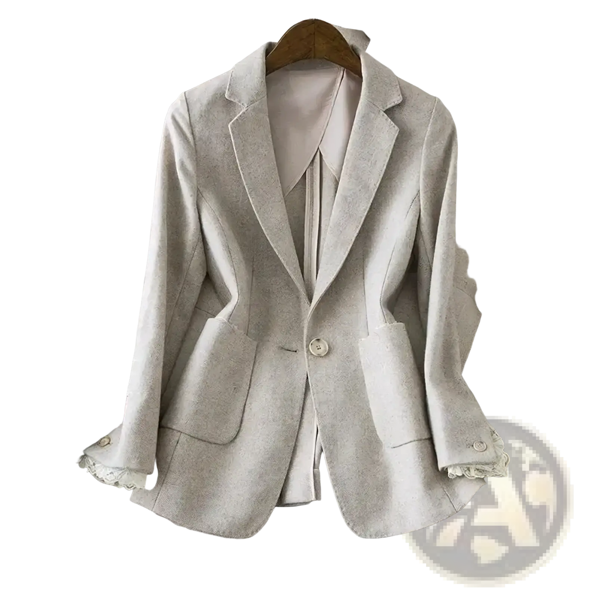 Beige lace trim wool blazer featuring textured fabric, lace cuff trim, and single button closure for elegant wear