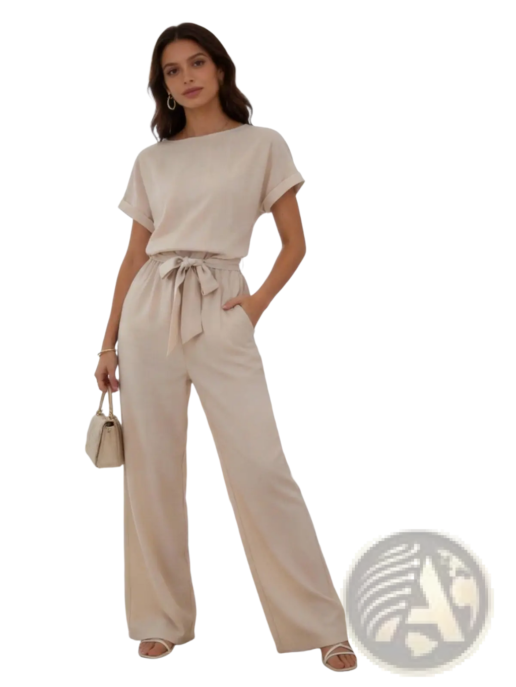 Beige linen jumpsuit with short sleeves and a tied waistband in a relaxed fit for comfortable wear