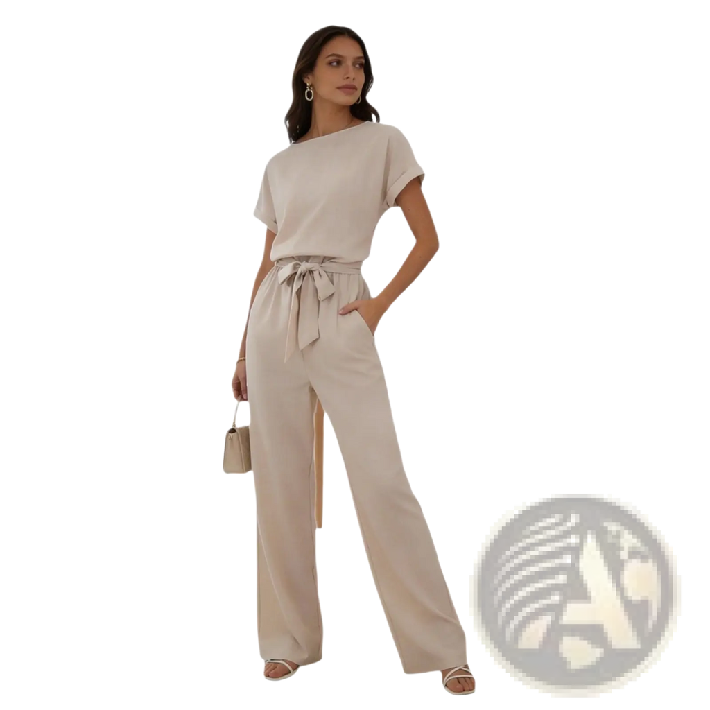 Beige linen jumpsuit with short sleeves and a tied waistband in a relaxed fit design