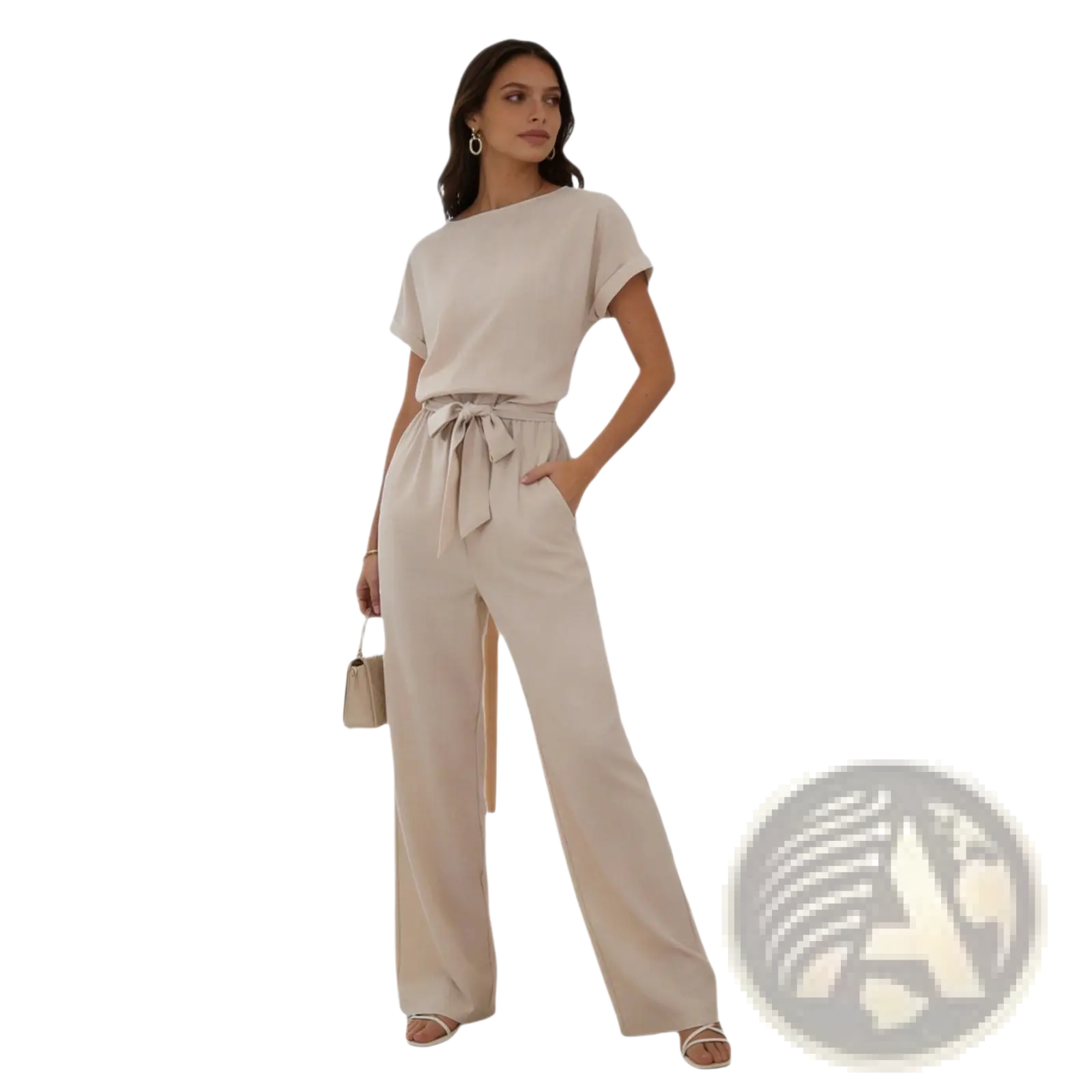 Beige linen jumpsuit with short sleeves and a tied waistband in a relaxed fit design