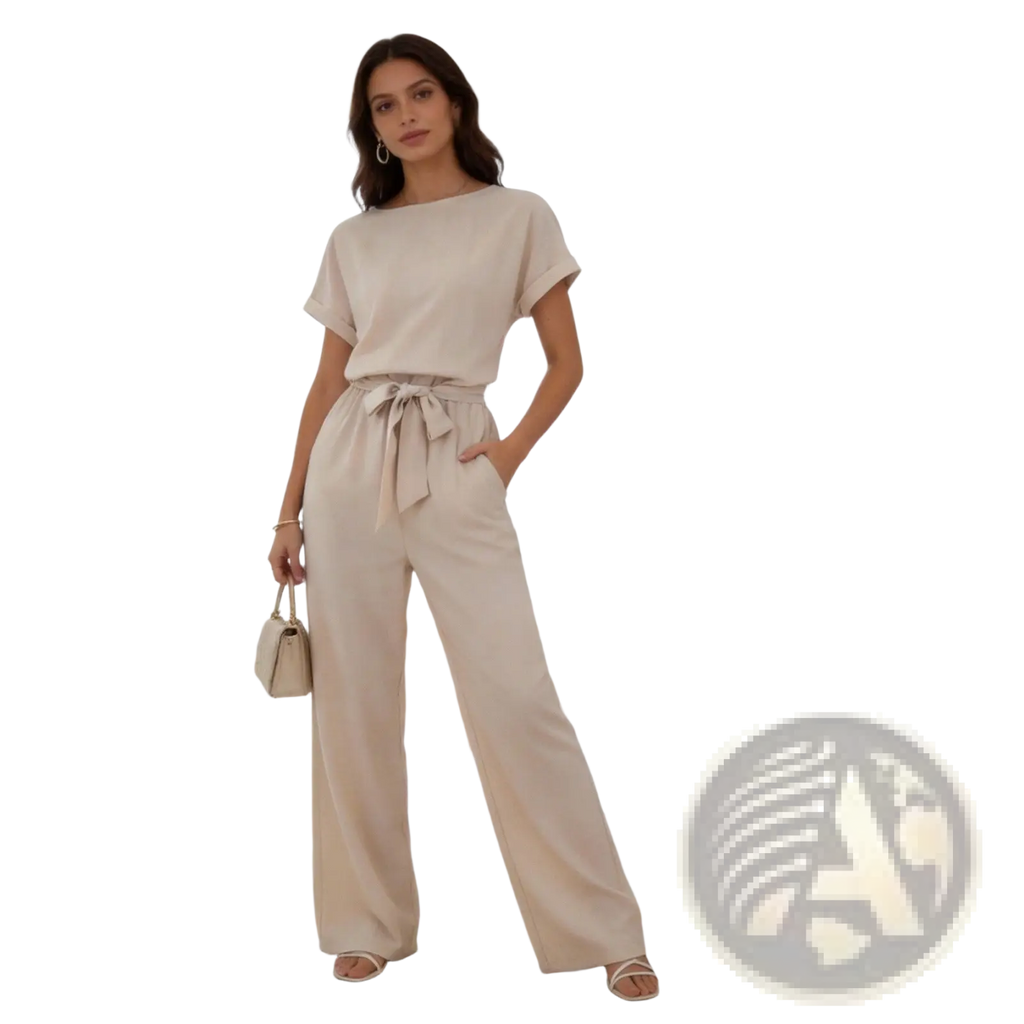 Beige linen jumpsuit with tied waistband short sleeves relaxed fit suitable for casual wear