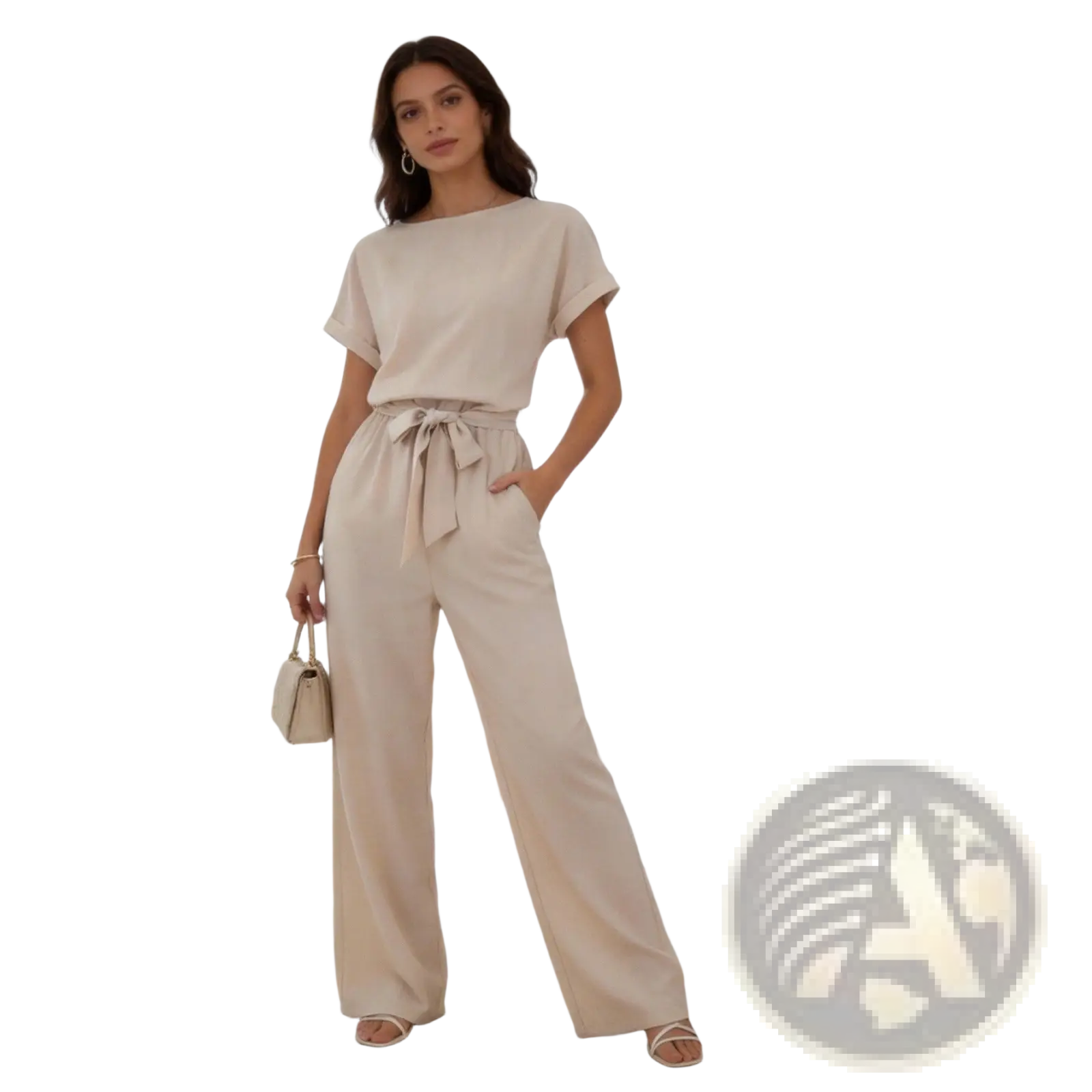 Beige linen jumpsuit with tied waistband short sleeves relaxed fit suitable for casual wear