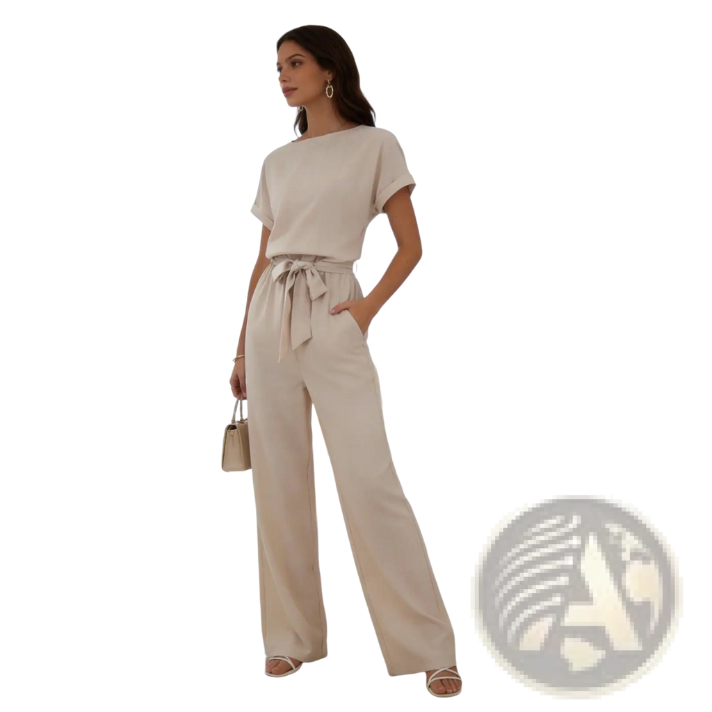 Beige linen jumpsuit with tied waistband short sleeves and relaxed fit for comfortable casual wear