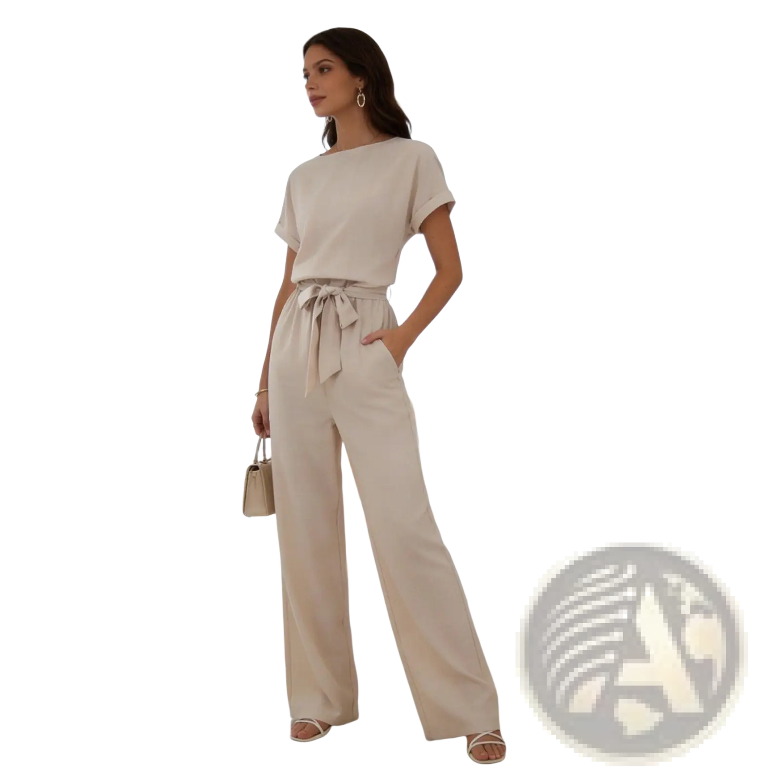 Beige linen jumpsuit with tied waistband short sleeves and relaxed fit for comfortable casual wear