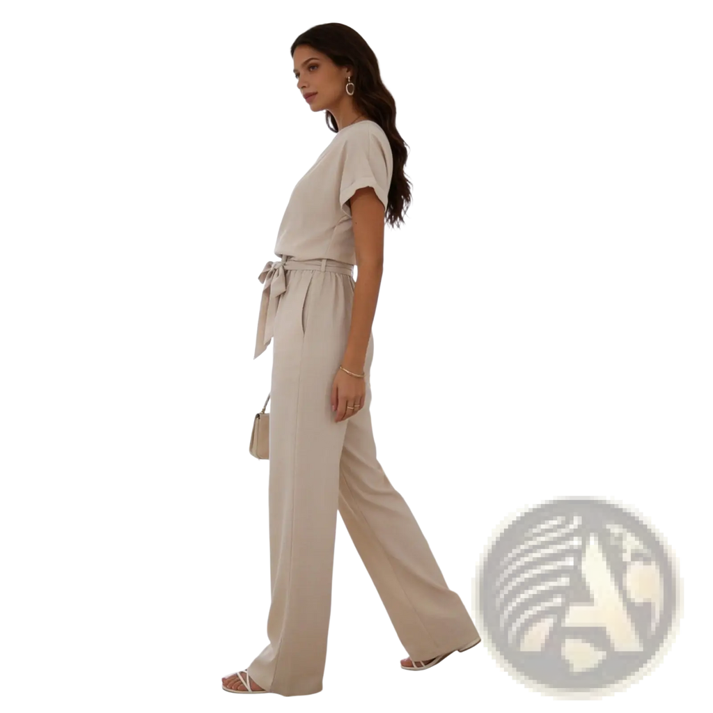 Beige linen wide-leg jumpsuit with tied waist and short sleeves for a relaxed fit