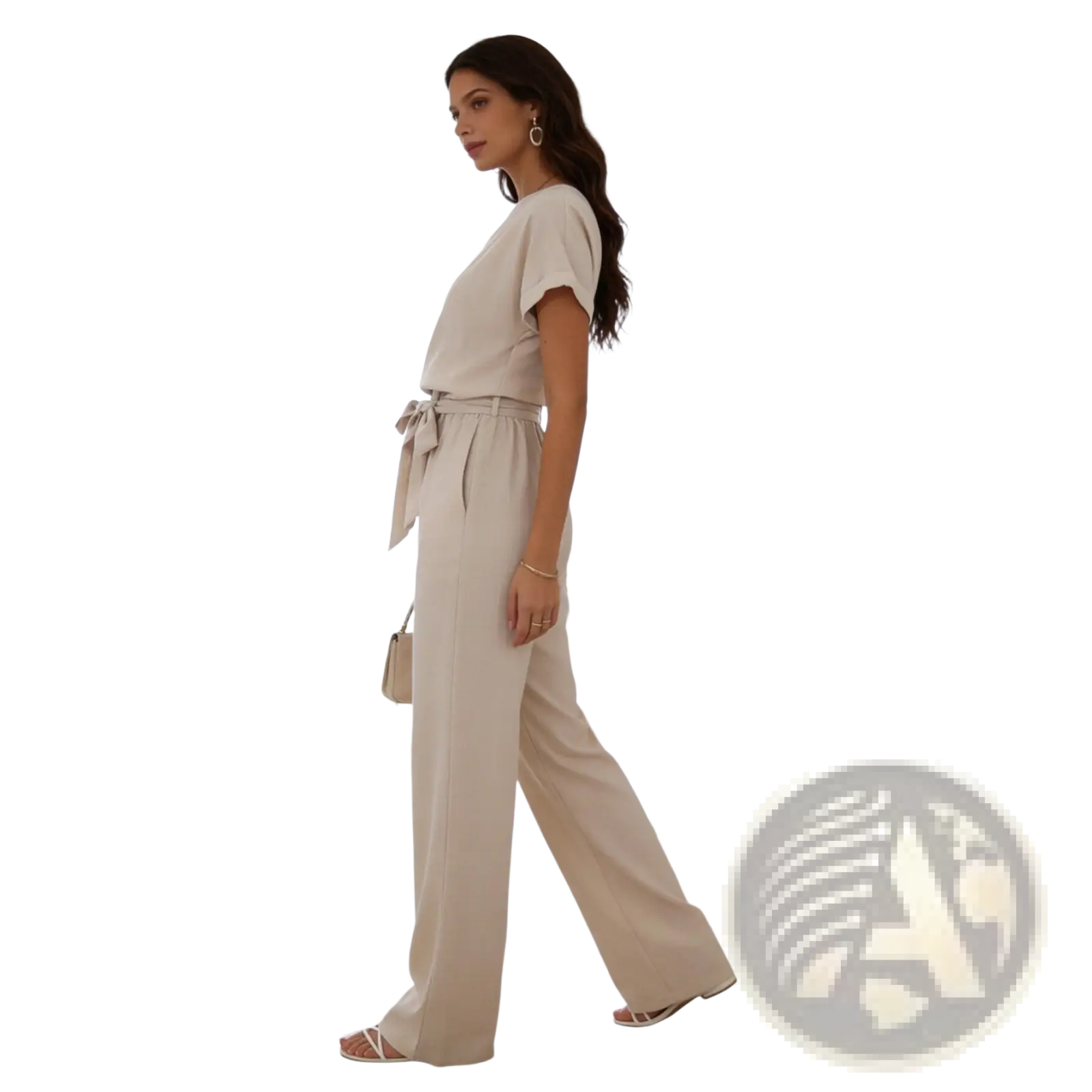 Beige linen wide-leg jumpsuit with tied waist and short sleeves for a relaxed fit