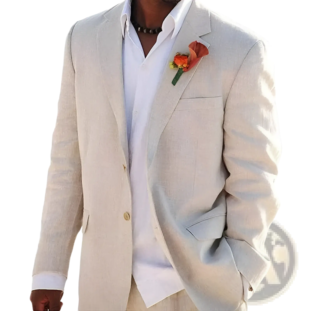 Beige linen men suit blazer with gold buttons and floral boutonniere for beach wedding tuxedo pants set