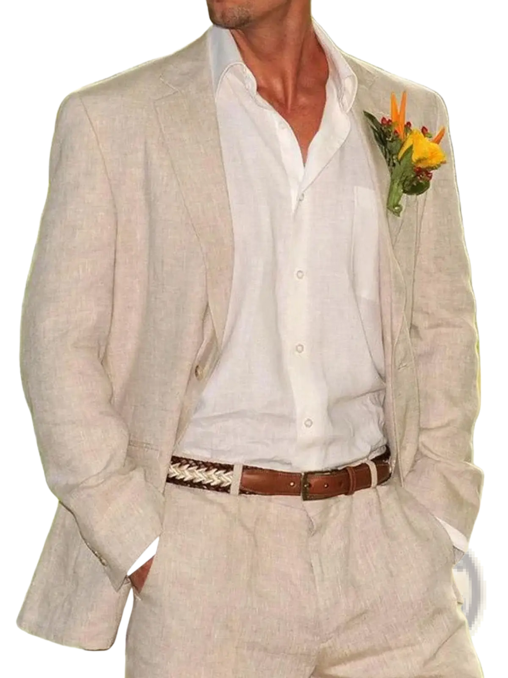 Beige linen men suit with subtle texture blazer and matching trousers paired with white button-down shirt for beach wedding
