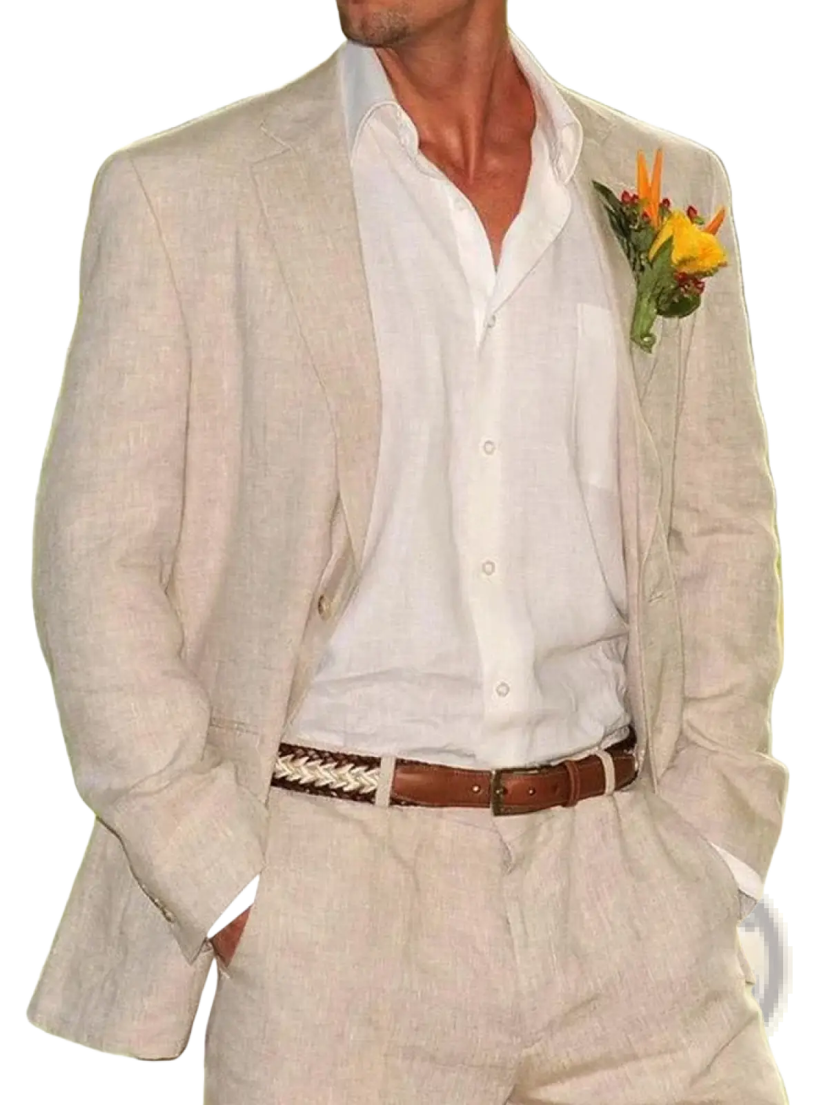 Beige linen men suit with subtle texture blazer and matching trousers paired with white button-down shirt for beach wedding
