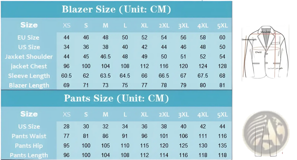 Beige linen men suit beach wedding tuxedo blazer and pants size chart with measurements in centimeters on blue background