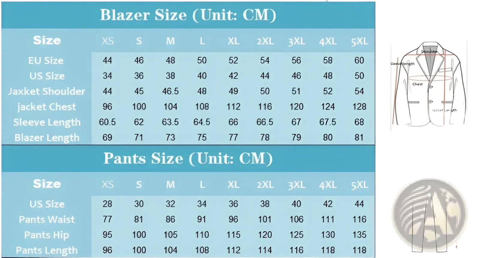 Beige linen men suit beach wedding tuxedo blazer and pants size chart with measurements in centimeters on blue background