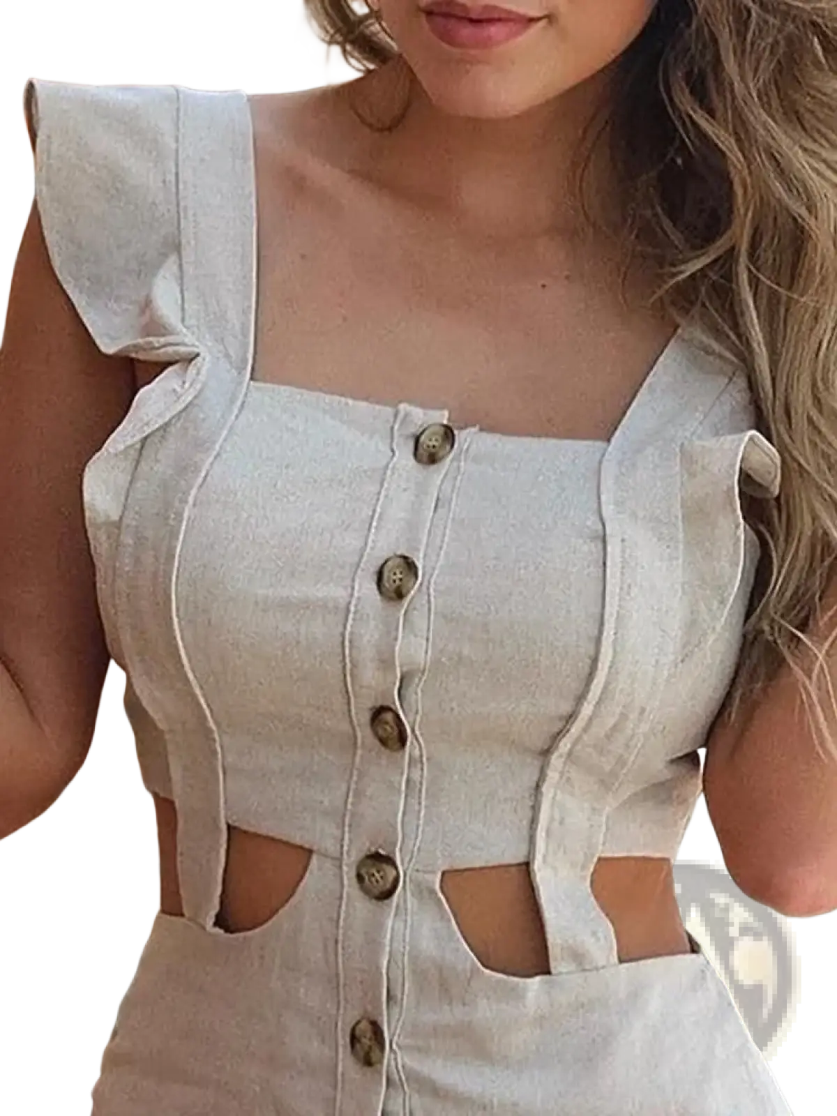 Beige linen romper featuring a light beige linen crop top with ruffled shoulder straps and button closures down the front
