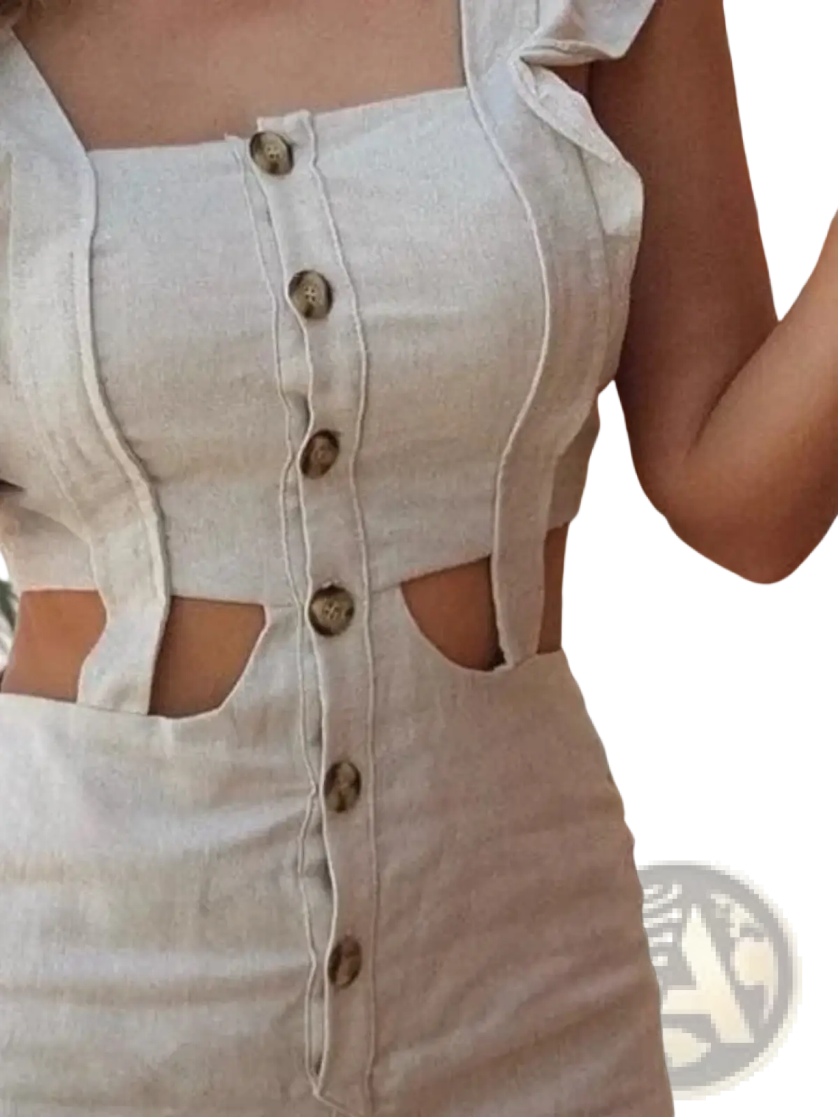 Beige linen ruffled hollow out romper featuring a light beige crop top with button-down front and cut-out side details
