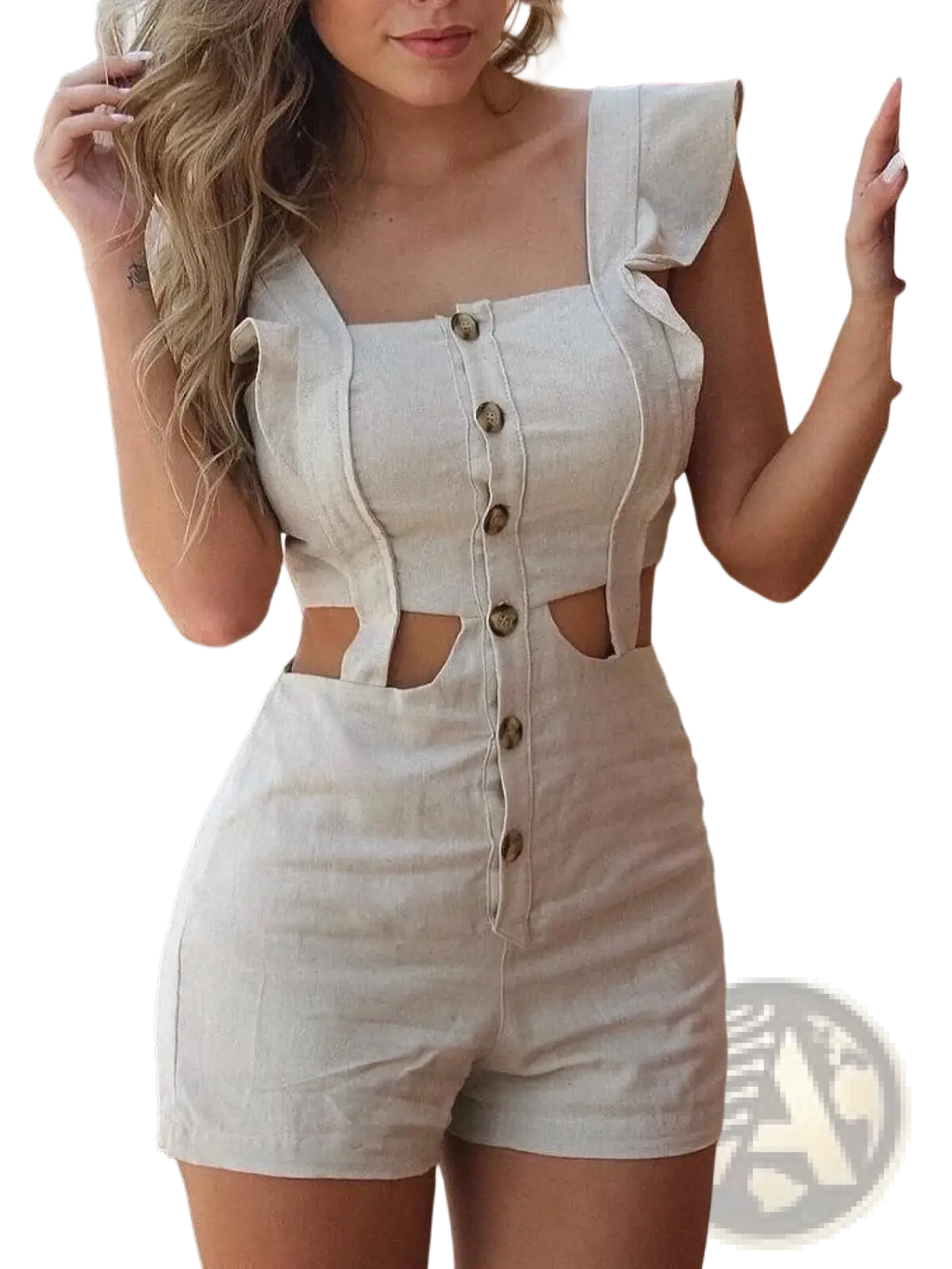 Beige linen romper with ruffled shoulder straps and button-front detailing in a lightweight breathable fabric