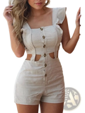 Beige linen romper with ruffled shoulder straps and button-front detailing in a lightweight breathable fabric
