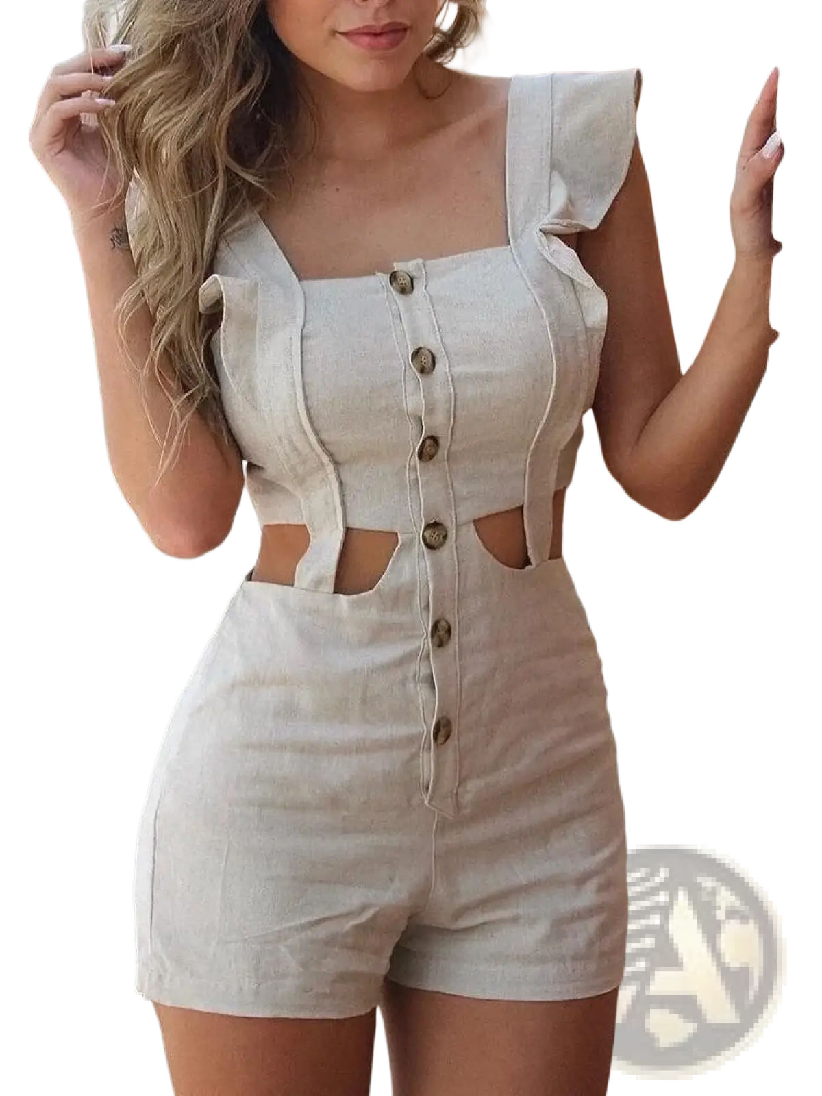 Beige linen romper with ruffled shoulder straps and button-front detailing in a lightweight breathable fabric