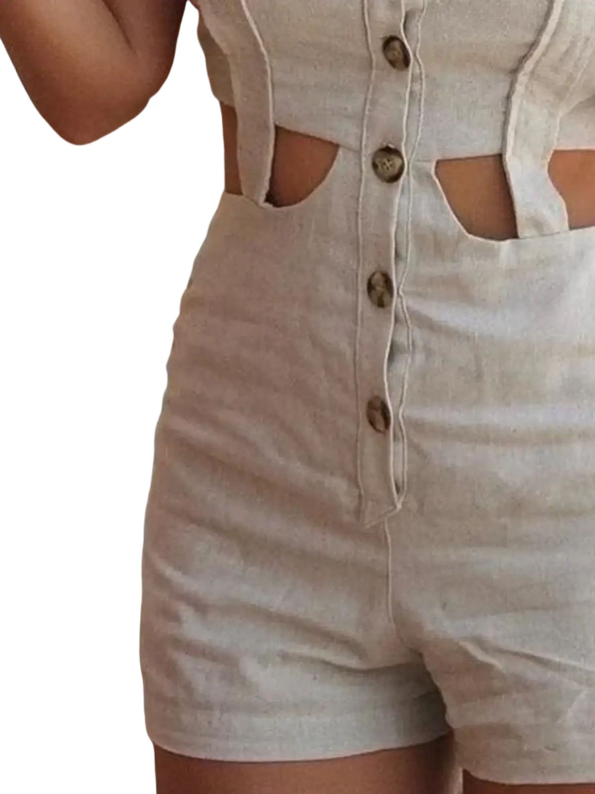 Beige linen shorts with button-front design and cut-out side details from a beige linen ruffled hollow out romper