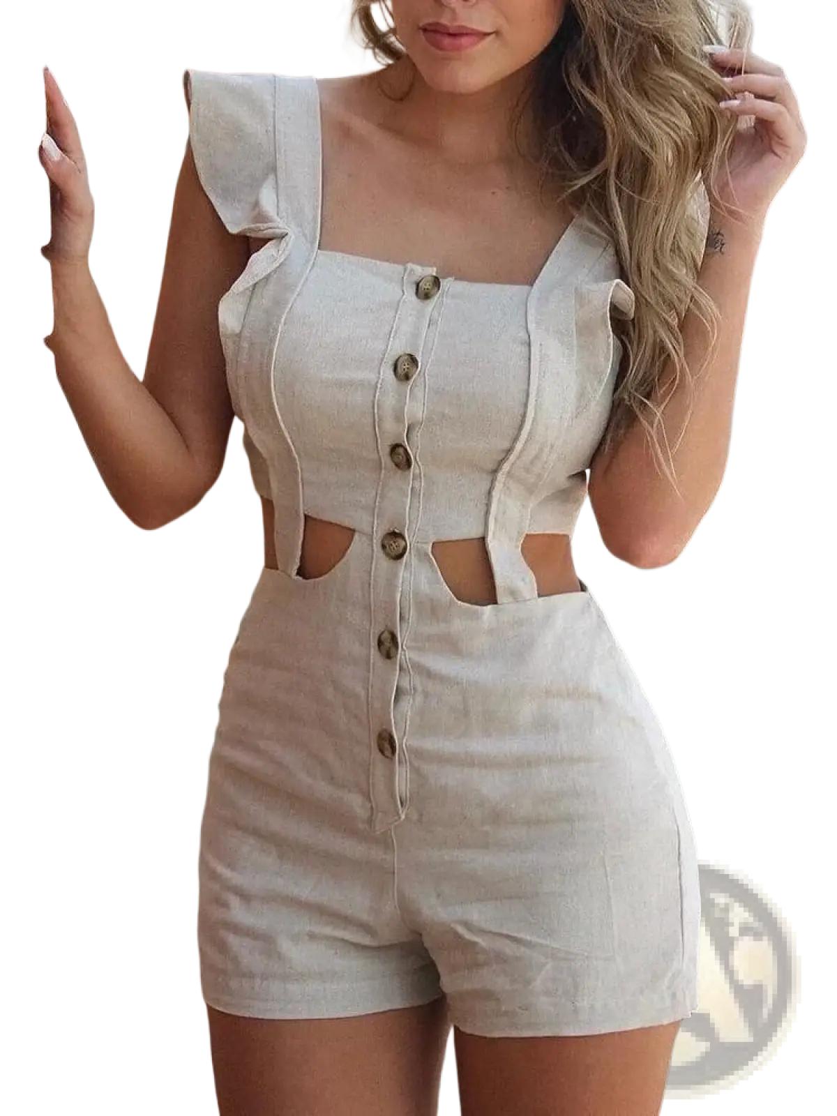 Beige linen romper with ruffled shoulder straps and button-front detailing perfect for casual summer wear