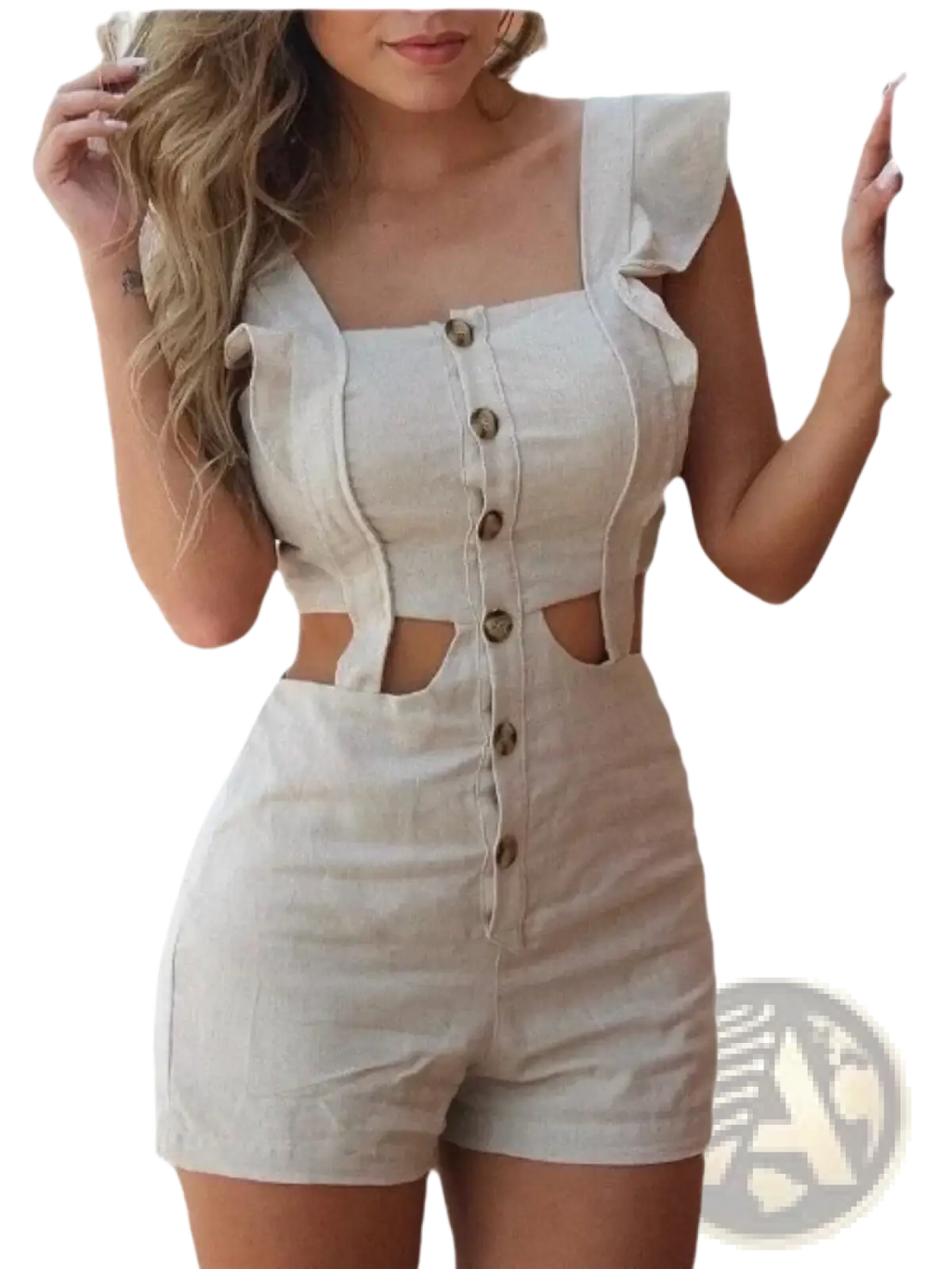 Beige linen romper with ruffled shoulder straps front button closure and side cutouts for stylish summer wear