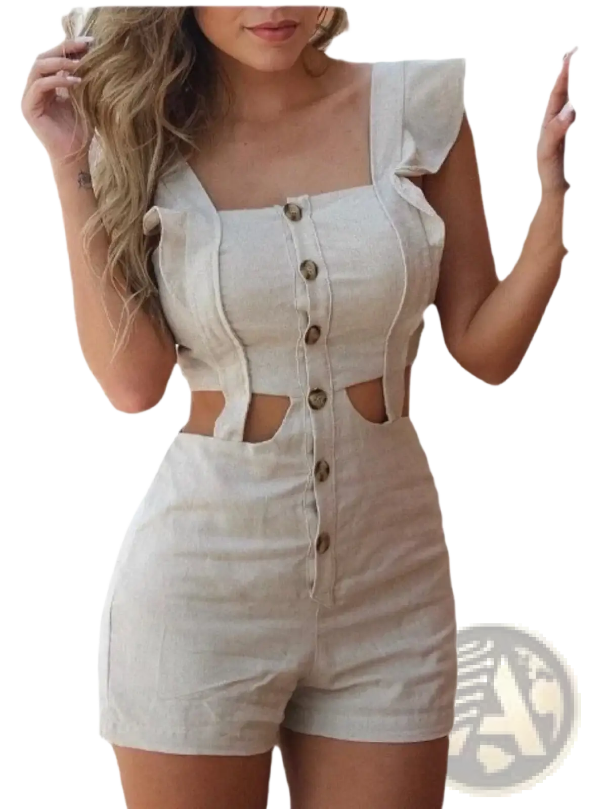 Beige linen romper with ruffled shoulder straps front button closure and side cutouts for stylish summer wear
