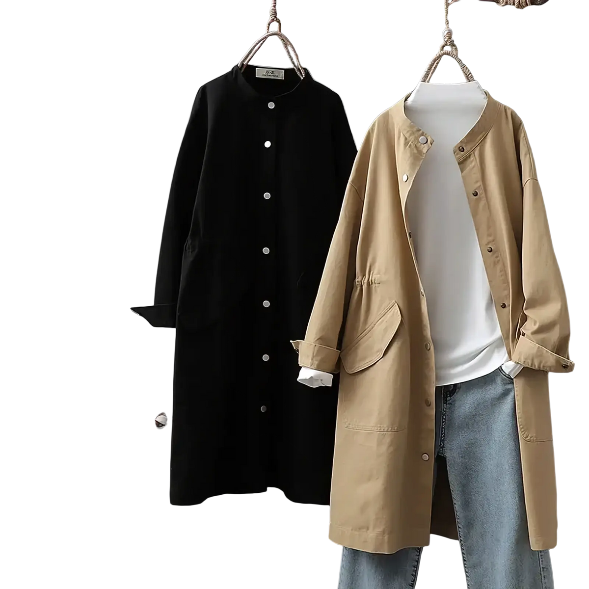 Beige long utility trench coat for women with button closures and patch pockets displayed on a mannequin