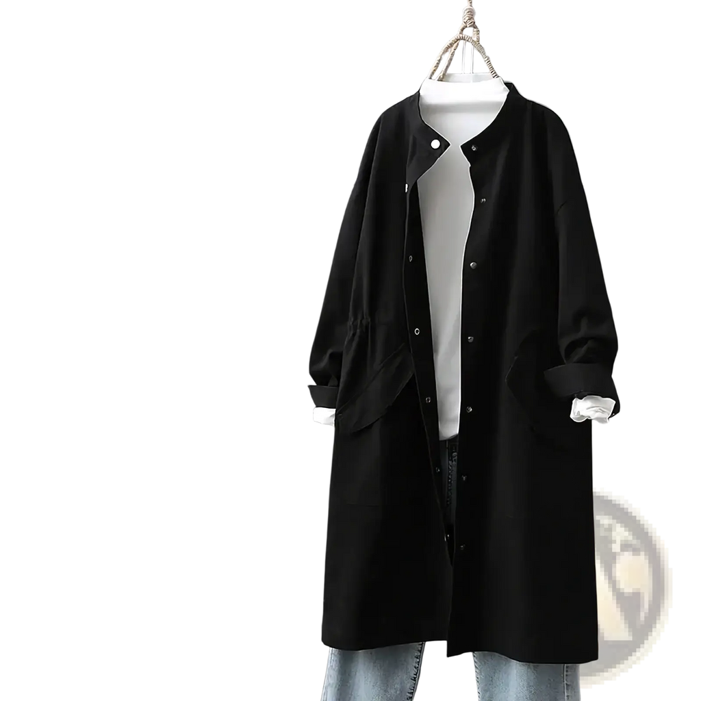 Black long-sleeved button-up coat with relaxed fit and subtle texture for casual loose outerwear use