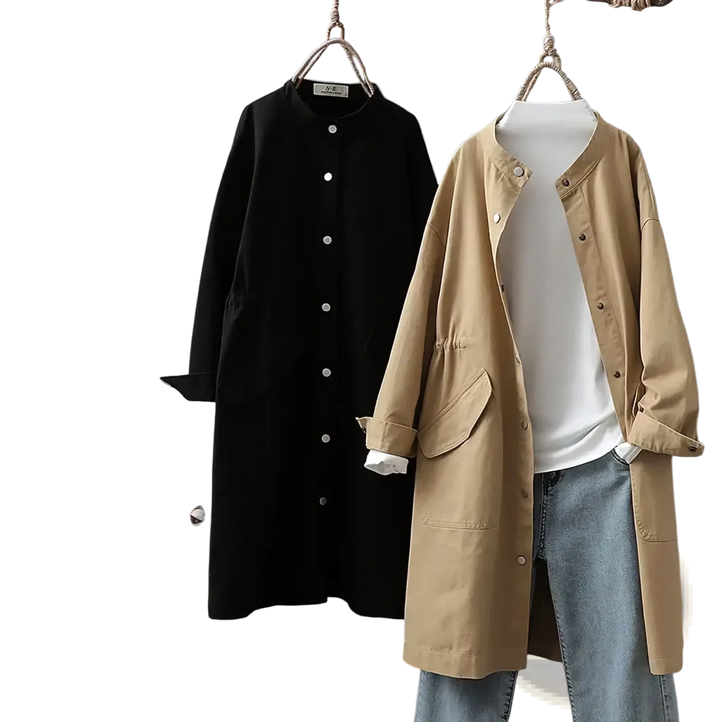 Beige long utility trench coat for women with button closures and patch pockets displayed on a mannequin
