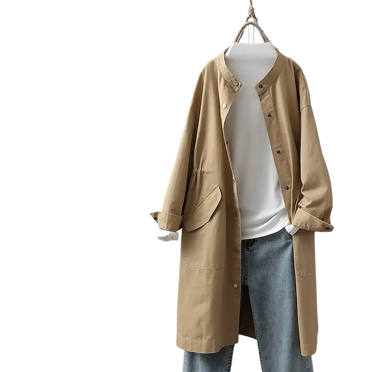 Beige long utility trench coat for women with button-up front, relaxed fit, and two front pockets for casual wear