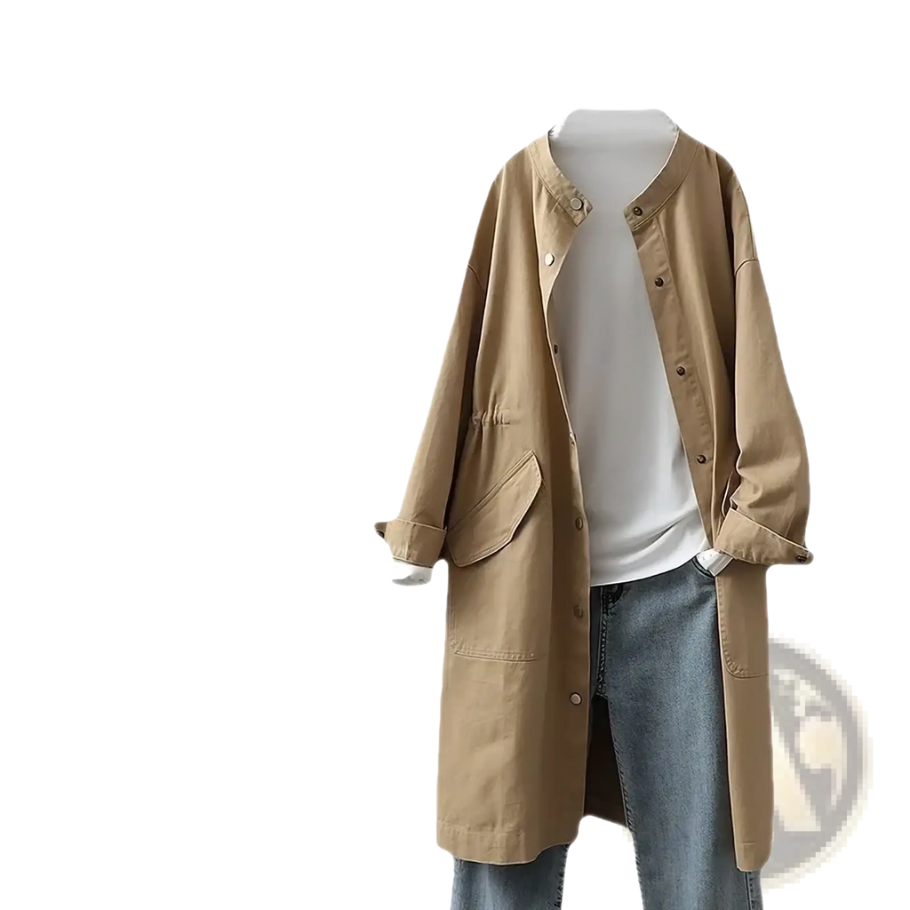 Beige long utility trench coat with button-up front patch pockets and rolled cuffs casual loose outerwear for women