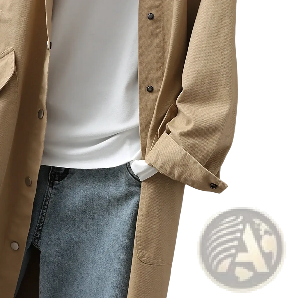 Beige long utility trench coat for women made of cotton with dark gray buttons and rolled cuffs for casual outerwear