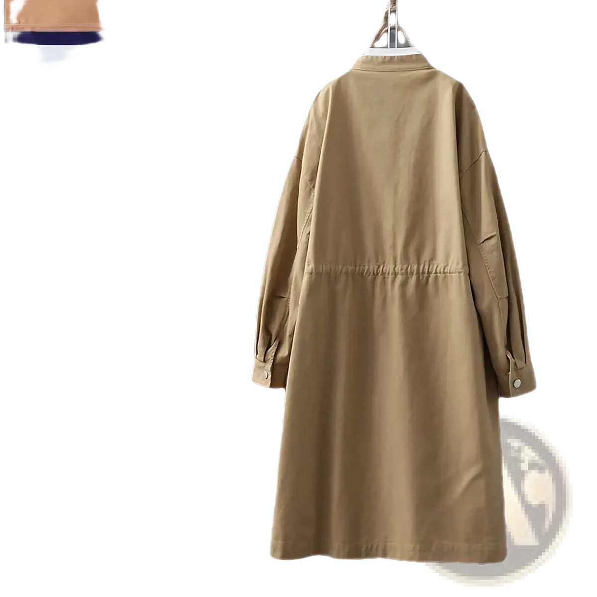 Beige long utility trench coat for women with relaxed fit, buttoned cuffs, and elastic waistband casual outerwear