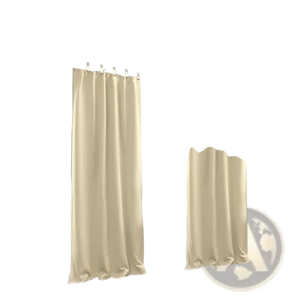 Beige outdoor curtains luxurious woolen patio panels hanging from a dark gray pergola in an outdoor setting